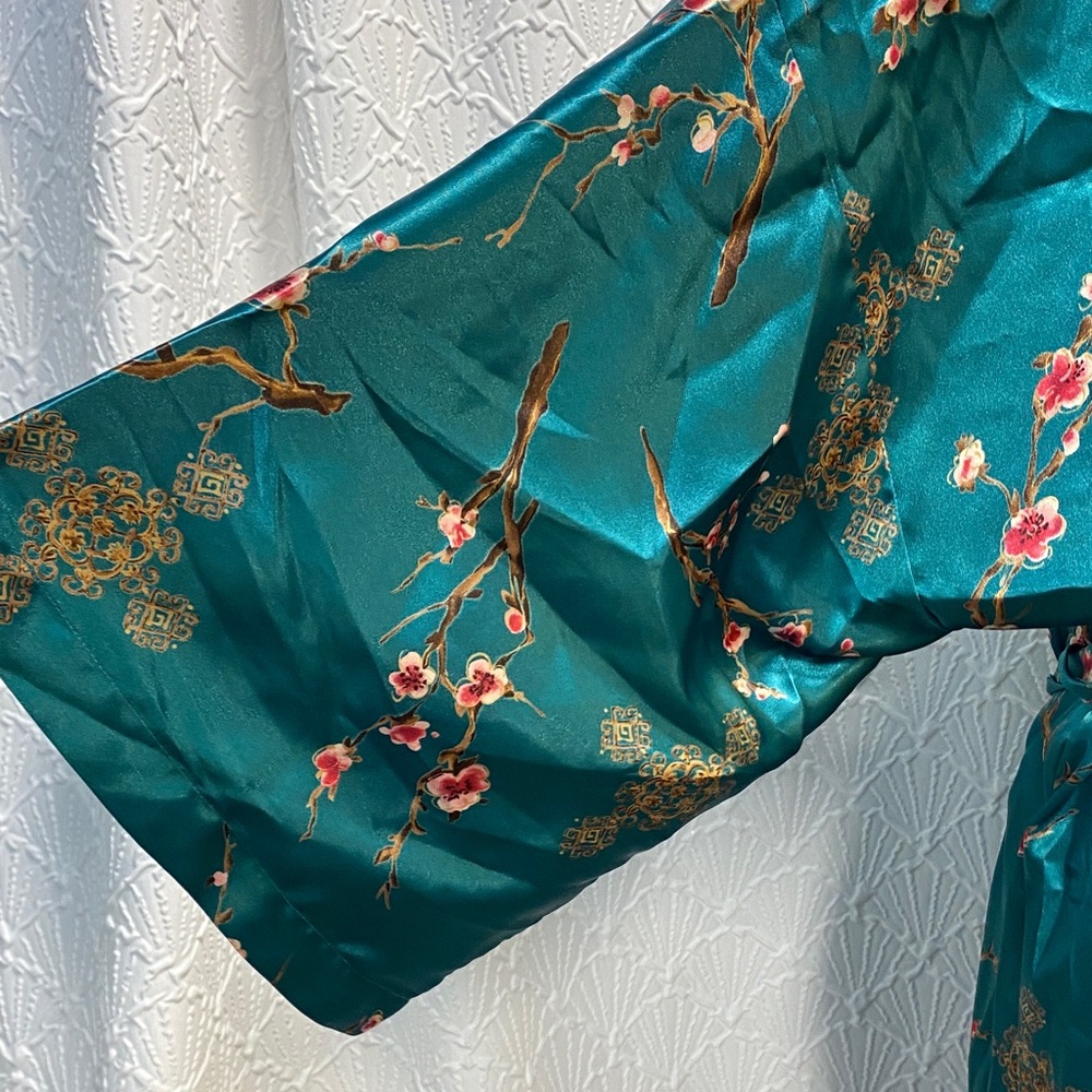 California Dynasty size large Floral Satin Kimono Robe‎ set - Teal oriental sexy - Picture 7 of 16